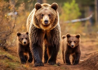 Brown Bear With Cubs