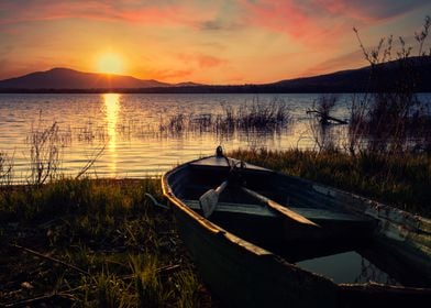 Sunset, reflection on lake