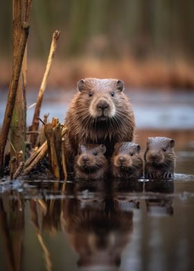 Beaver With Kits Photo