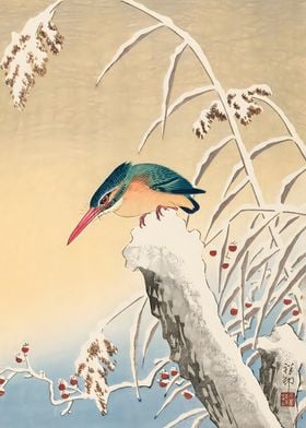 Ukiyo e Kingfisher in snow