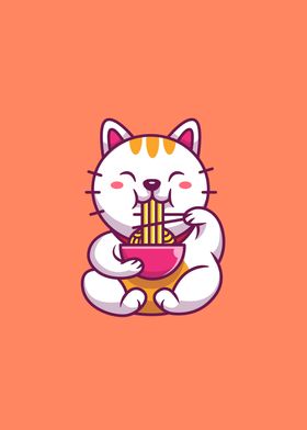 Cute Cat Eating Noodle