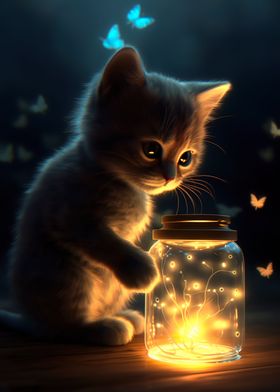 Cat Butterflies And Jar
