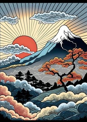 Fuji Sunrise Retro Art