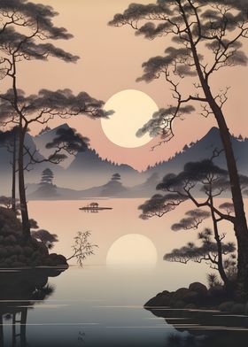 Sunset Lake Ukiyo e