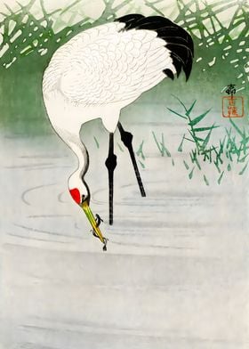 Ukiyo e Fishing crane snow