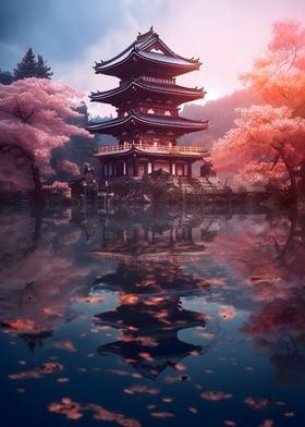 Cherry blossom lake temple