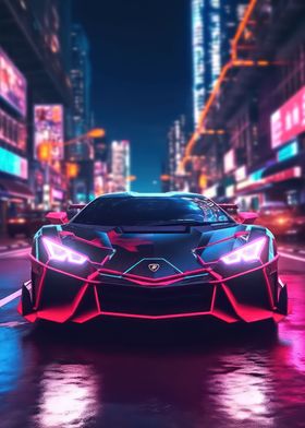 Asian Neon City Sports Car