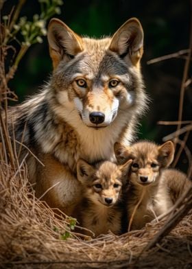 Coyote With Pups