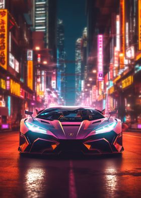 Asian Neon City Sports Car