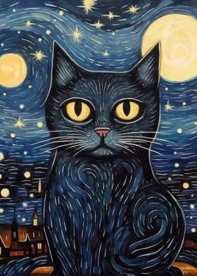 Cat Starry Night Van Gogh