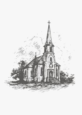 Sketch of church hand draw
