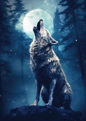 Wolf howling at the Moon