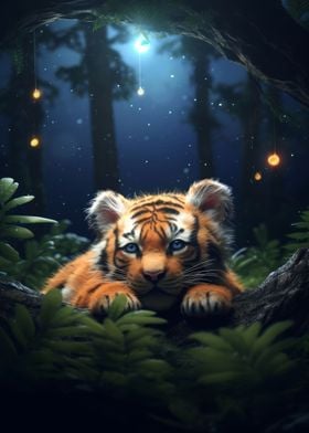 tiger cub at night lying