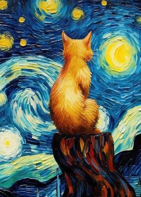 cat watch starry night Art