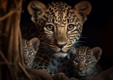 Leopard With Cubs