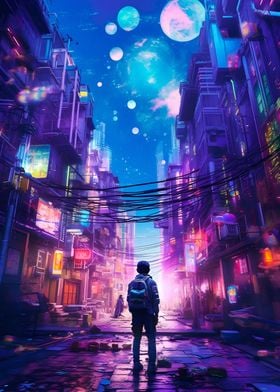 A boy walking city night