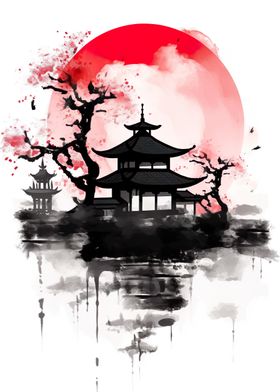 Japan Red Sun Watersketch