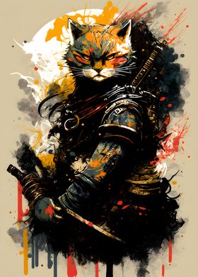 Painting of a Cat Samurai