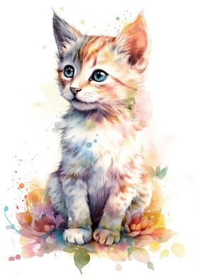 Watercolor Manx Cat Kitten