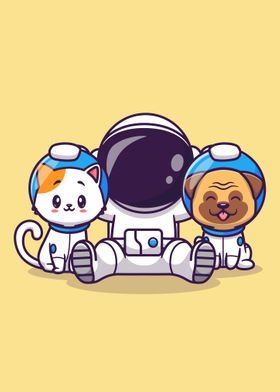 Astronaut with cat and dog