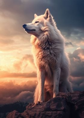 white wolf at sunset time