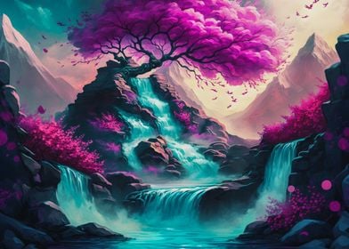 Pink magical tree waterfal