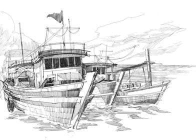 sketch boats in a harbor