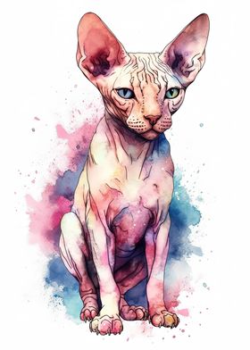 Watercolor Sphynx Cat Art
