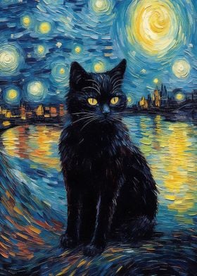 Cat night Starry Art