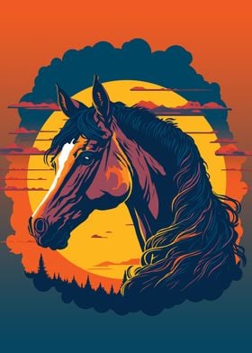 Retro Sunset And Horse