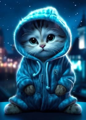 kitten in onesie at night