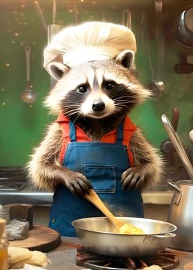 Raccoon cooking kitchen