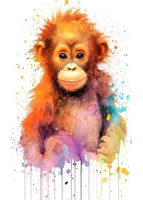 Watercolor Baby Orangutan