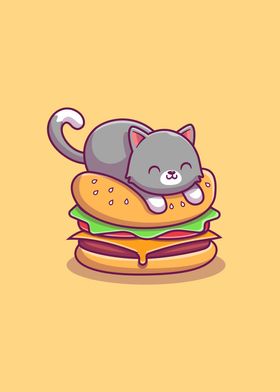 Cute Cat Lay On Burger 