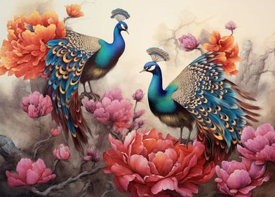 Bird Peacock And Peony