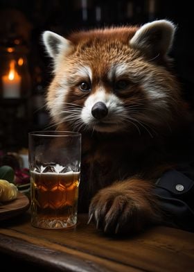Red Racoon drinking beer