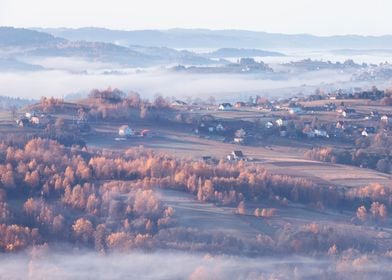 Autumn travel, misty hills