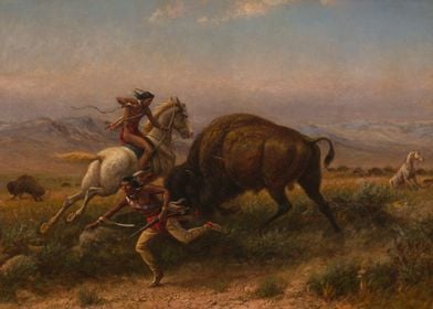 Bison Charging Hunters