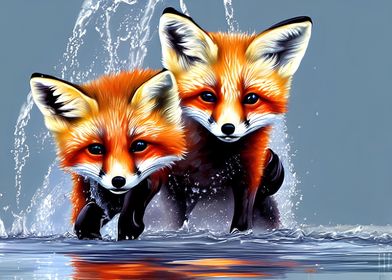 Red Foxes in Water