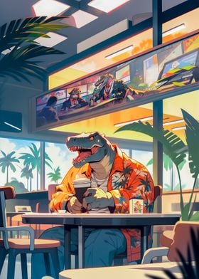 A dinosaur drinking coffee