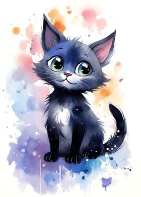 Cute Watercolor Black Cat