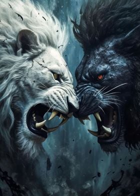 white and black lion fight
