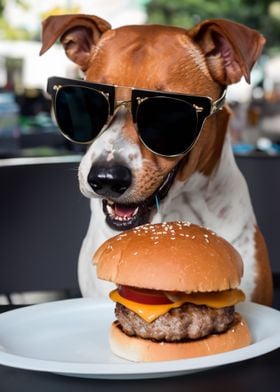Dog eating a hamburger 