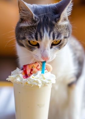 Cat drinking a milkshake 