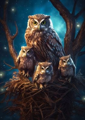 owl with owlets at night