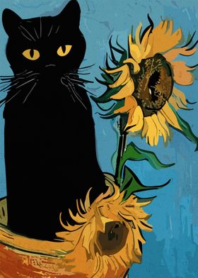 Sunflowers And A Black Cat