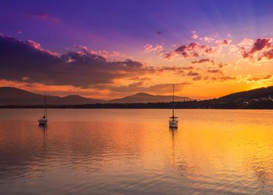 Sunset, reflection on lake