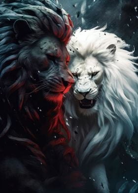 angry white and black lion