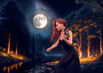 Girl play violin in night 