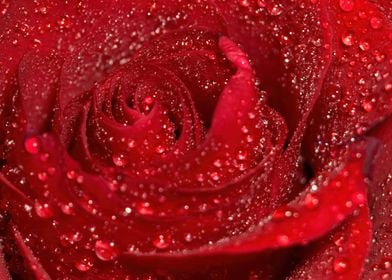 Dark red rose in droplets